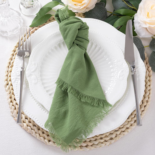 DeZerlor 6 Pack Sage Green Cotton Linen Napkins with Fringe Spring Cloth Napkins Set of 6 Boho Handmade Dinner Napkins Bulk for Wedding Bridal Baby Shower Parties, 17 x 17 Inches