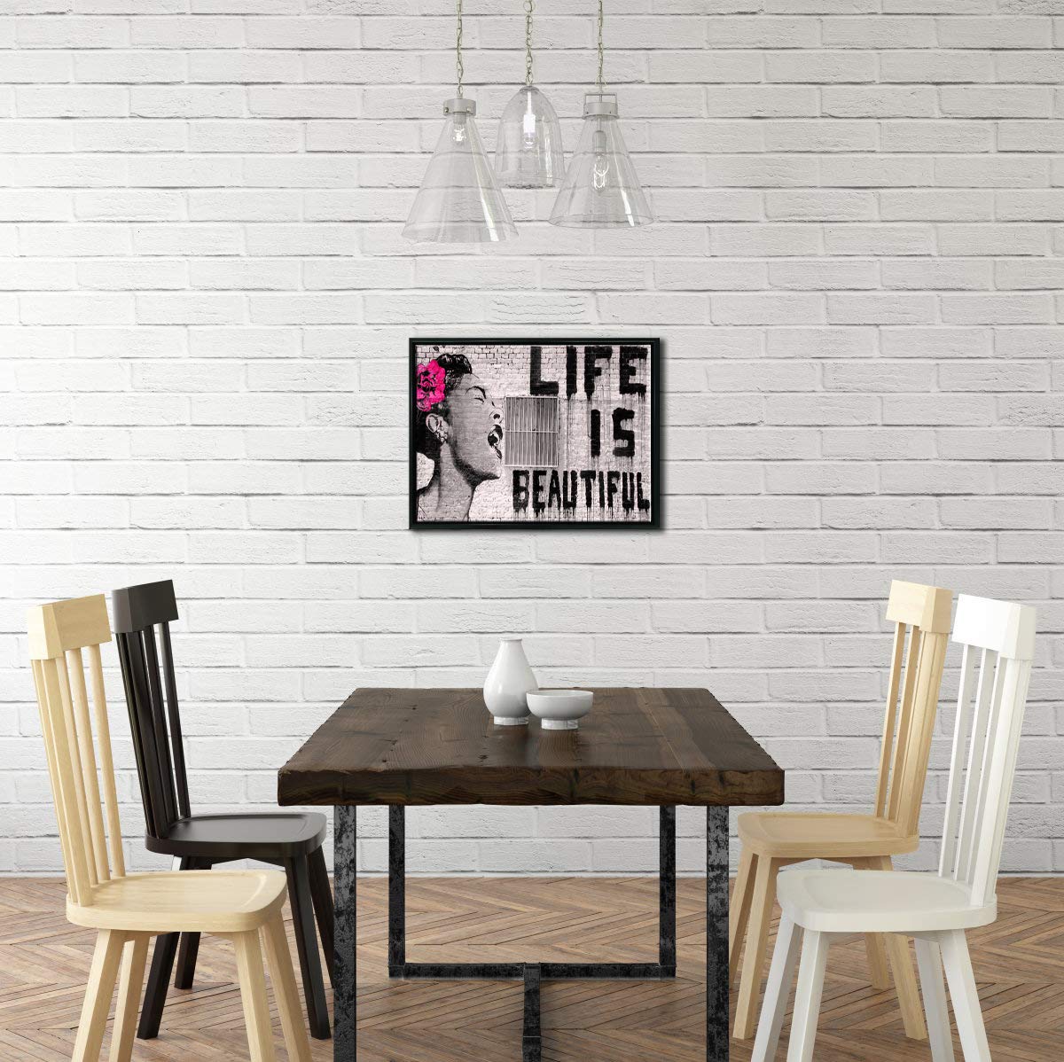 Wieco Art Framed Wall Art Canvas Prints of Banksy Life is Beautiful Abstract Artwork for Wall Decor Room Decorations Black Frame