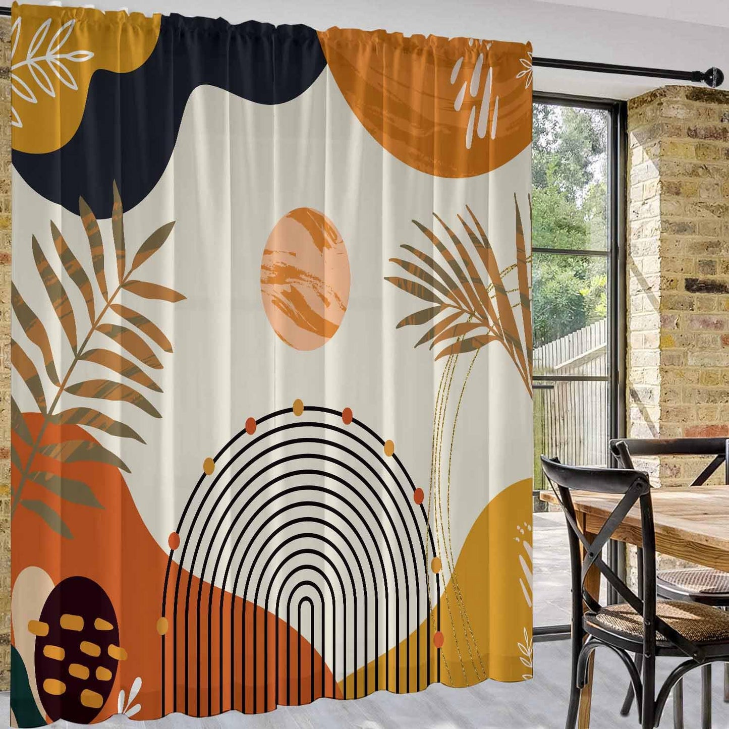 GOLDLAWN Boho Mid Century Abstract Leaves Curtains 52X84Inch Rainbow Living Room Curtain 2Pc Burnt Orange Curtains for Bedroom Modern Geometric Drapes Yellow Plant Colorful Curtain