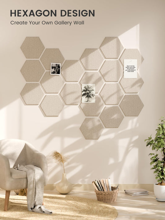 Fluxynara Hexagon Cork Board Alternative for Walls Decor-8-Pack Felt Bulletin Board Tiles,with 30 Pushpins,50 Adhesive Tabs for Office,Classrooms & Home Pin Board Felt Board-Oatmeal