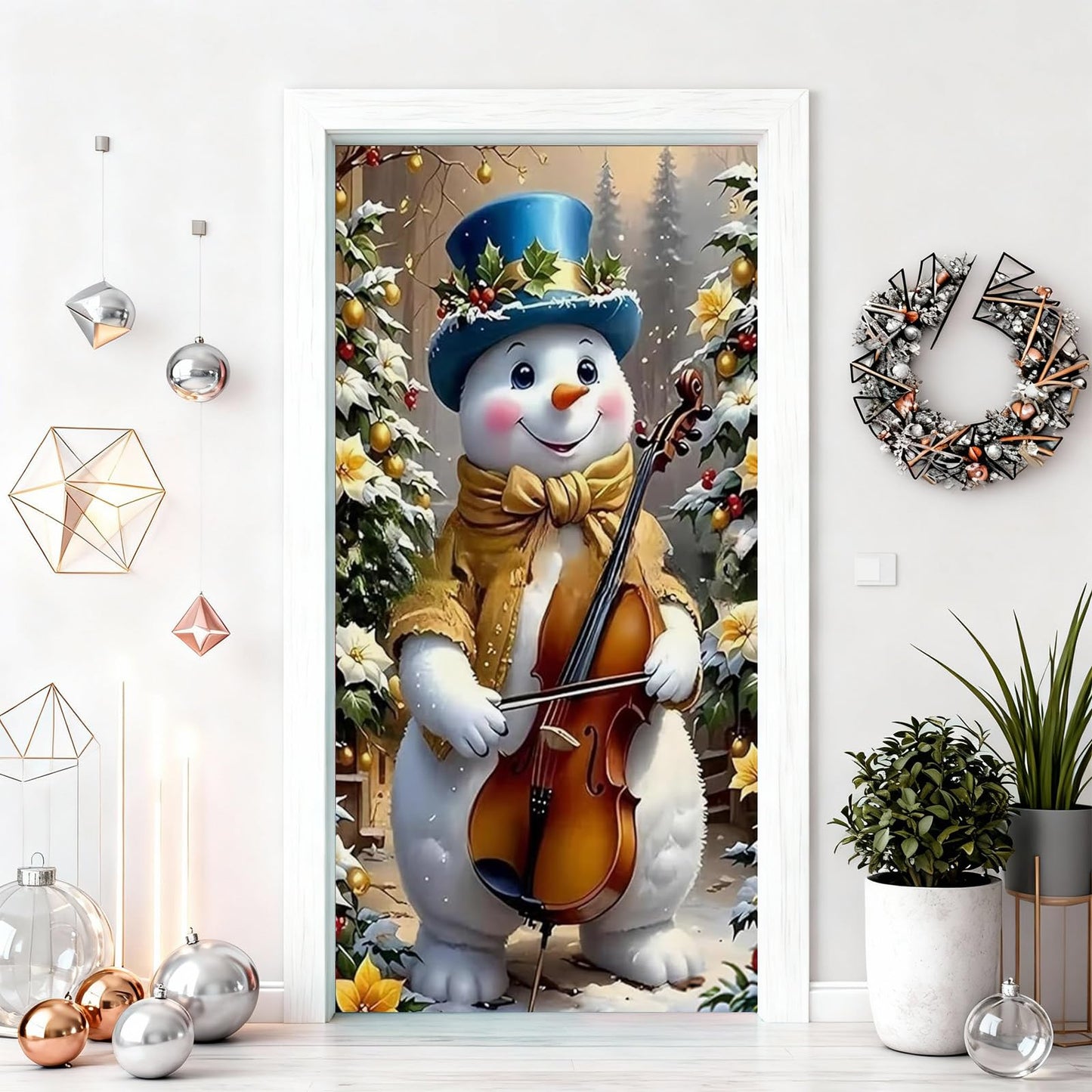 NECGNIQ Christmas Door Cover, Elastic New Year Front Door Sleeve Decoration Snowman Porch Sign Christmas Ball Photography Background Banner Holiday Decor(Style 2)