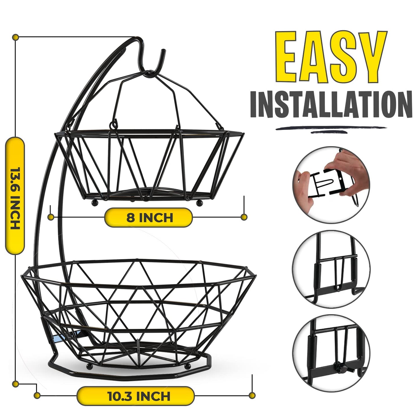 Fruit Basket with Banana Hanger and Fruit Bowl. Kitchen Counter Fruit Bowl with Banana Holder used as Bread, Vegetable or Produce Basket, Egg Holder, 2 Tier