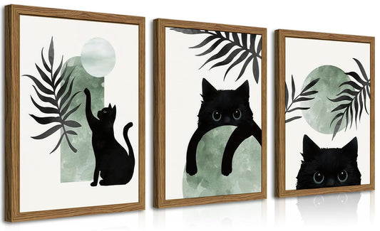 Framed Sage Green Cat Wall Art Set of 3, Natural OAK Wood Frame Boho Cute Black Cat Wall Decor Paintings, Minimalist Animal Aesthetic Canvas Posters Prints for Living Room Bedroom Bathroom 12x16In