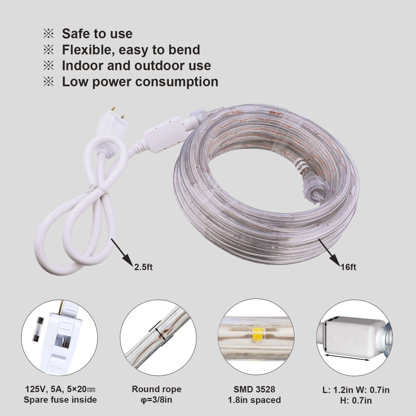 Areful LED Rope Lights, 16ft Daylight White Strip Lights with Clear PVC Jacket, Connectable and Flexible, Waterproof for Indoor Outdoor use, 110V Plugin Tape Lighting with High Brightness 3528 LEDs