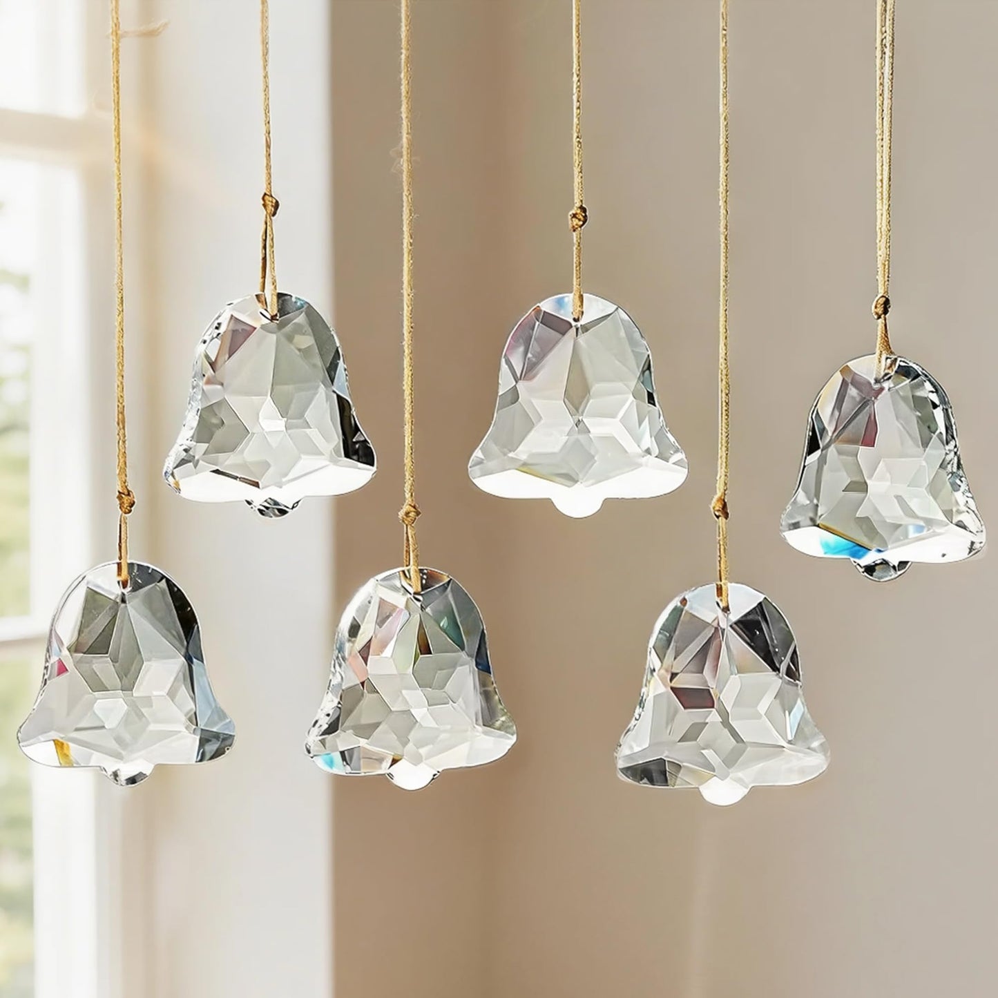 H&D HYALINE & DORA Set of 6 Crystal Christmas Ornaments Clear Faceted Glass Christmas Bell Hanging Ornaments for Xmas Tree Winter New Year Party Decoration(2 Inch)