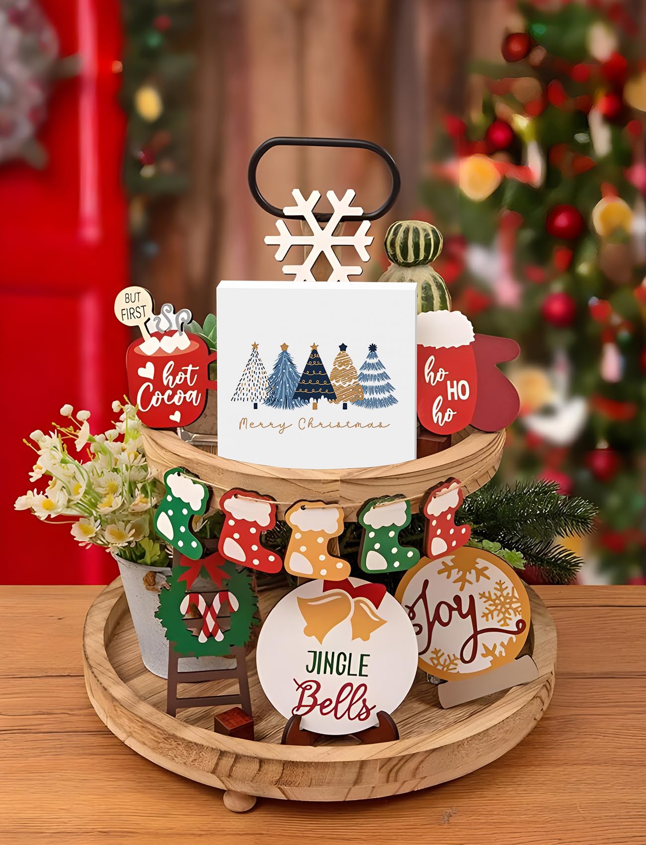 Foritho Navy Blue and Gold Christmas Tree Wooden Box Sign, Preppy Christmas Desk Decor, Merry Xmas Tree Winter Holiday Wood Signs for Home Office Desk Shelf Tabletop Decor,Decorative Signage 5x5 Inch