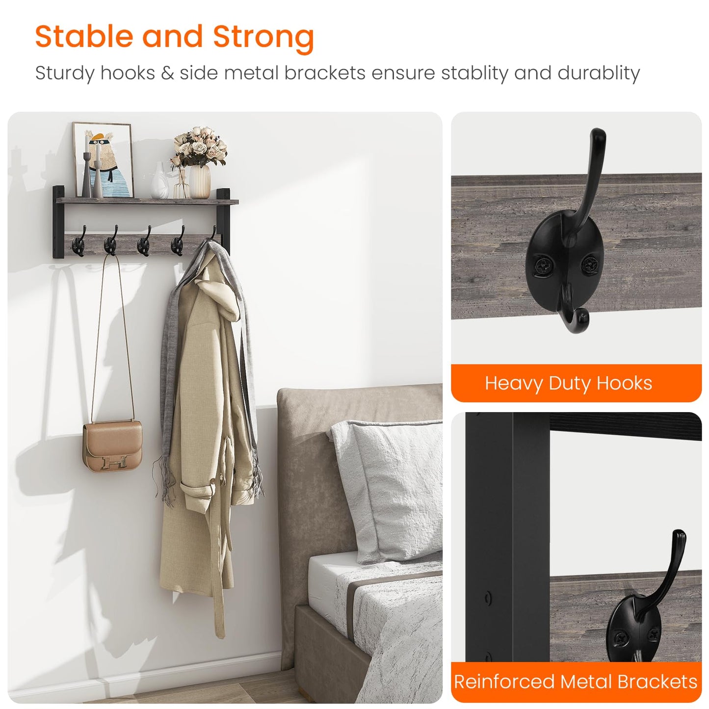 Homode Wall Hooks with Shelf, Coat Rack Wall Mount, Entryway Shelf with Hooks for Clothes, Backpack, Key, Purse - Rustic Grey