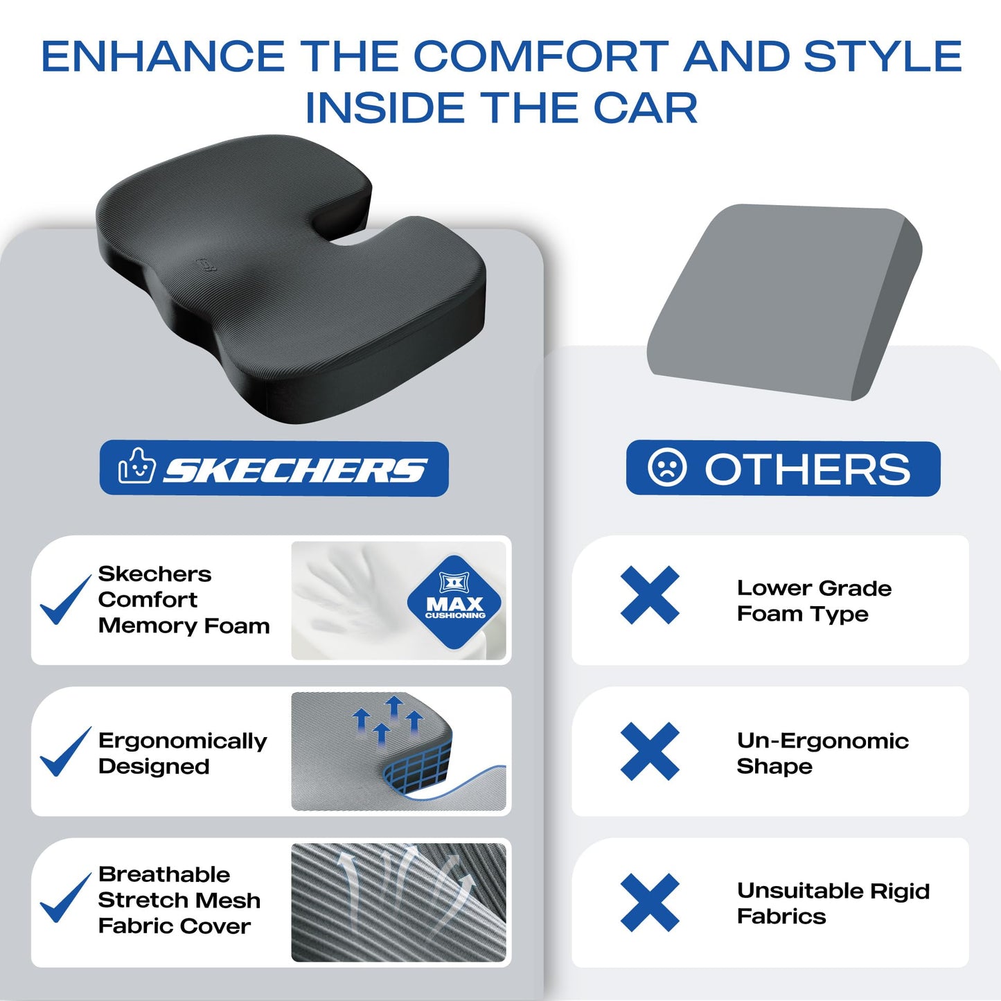 Skechers Memory Foam Seat Cushion,Office Chair Cushion for Tailbone Pain Relief,Butt Pillow for Office Chair,Car seat Cushion,Computer Desk,Long Sitting Office Workers,and Car Drivers,Black