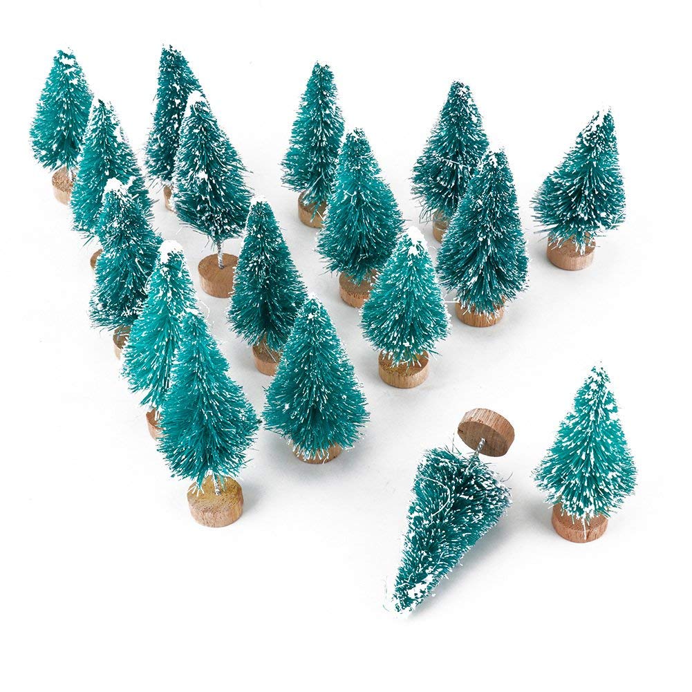 Artificial Mini Sisal Christmas Trees Snow Frost with Wooden Bases for Home Party Decoration Ornament DIY Craft (Blue-Green, 20 pcs)