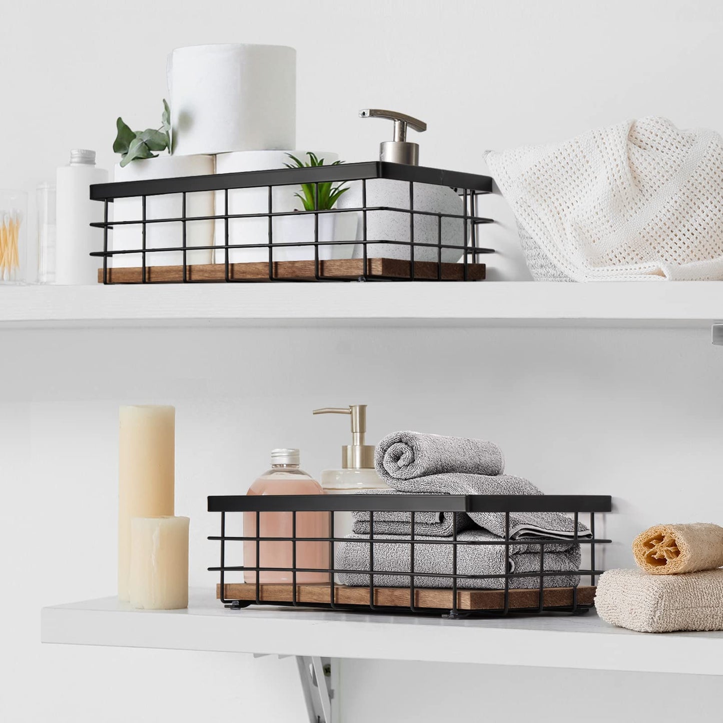 TJ.MOREE Small Metal Wire Basket, Decorative Wood Base Organizer for Bathroom, Kitchen, Basket for Toilet Paper Storage, Sugar Packet, Coffee Syrup, Guest Towel, Napkin(2 Packs)