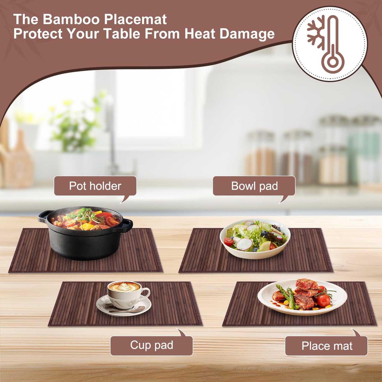 BMBOEUII Bamboo Placemats Set of 4, Dining Table Placemats Heat-Resistant, Durable and Sturdy, Wooden Square Placemats for Kitchen, Table Protection, Dining Room (4pc)