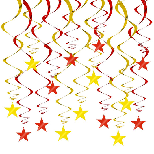 BEISHIDA Red Gold Star Hanging Swirl Ceiling Hanging Decorations for Happy New Year 2026 Party Spring Festival Chinese Lunar Valentine Graduation Birthday Wedding Decorations, Pack of 15