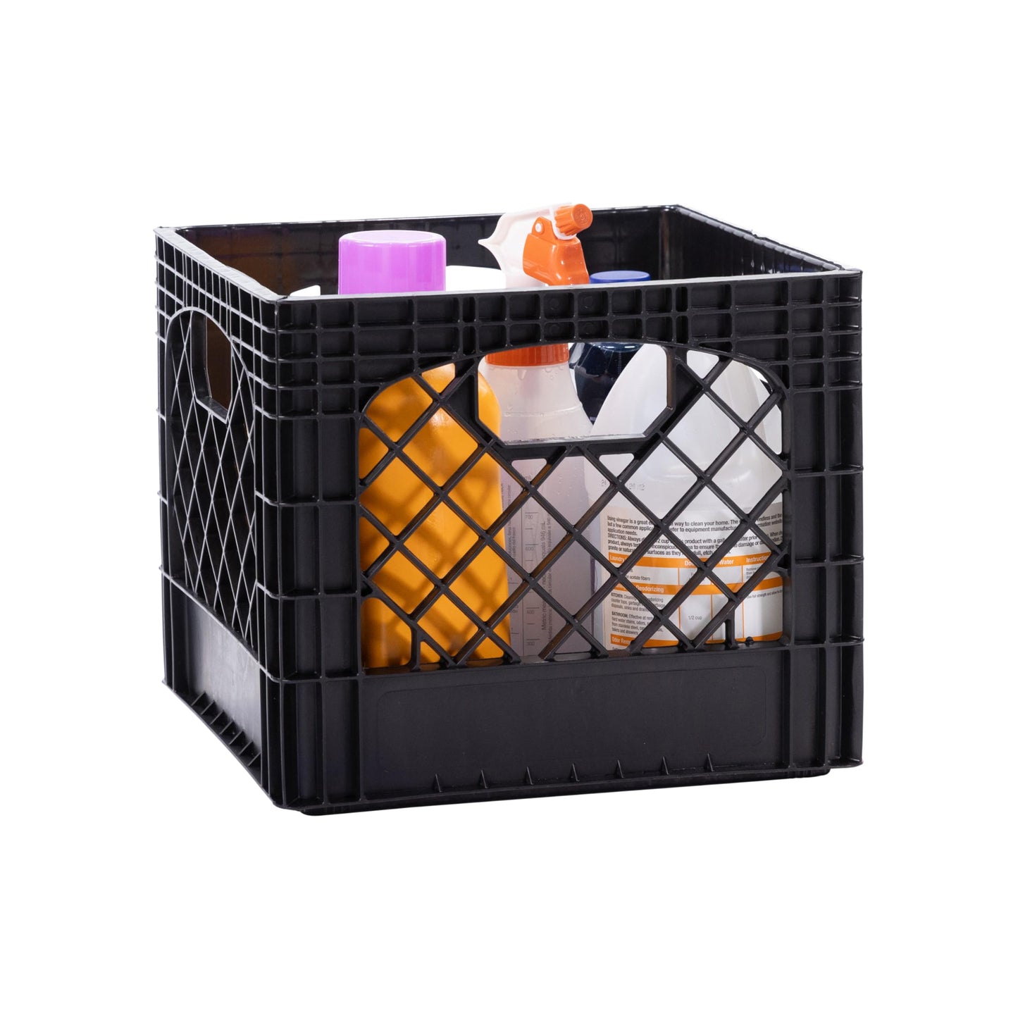 Plastic Milk Crate Storage Tote with Handles, 16-Quart Stackable Cube Organizer for Garage, Home, and Office, Made in the USA, 13" x 13" x 11" (1-Pack) - Black