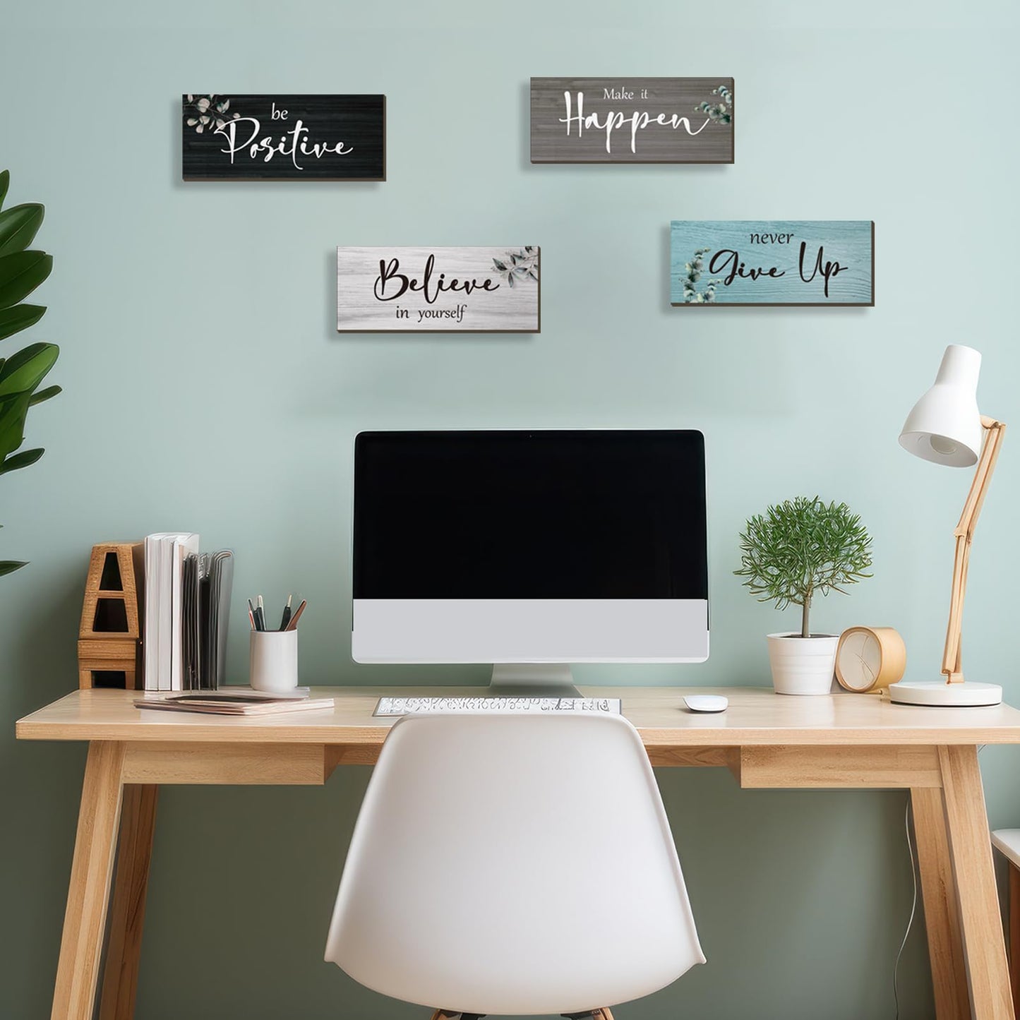 FENCORDAR 4 Pcs Office Decor For Women Motivational Wall Decor Rustic Inspirational With Positive Sayings Wooden Hangings for Home Office Bathroom Bedroom Kitchen(Fresh 10x4")