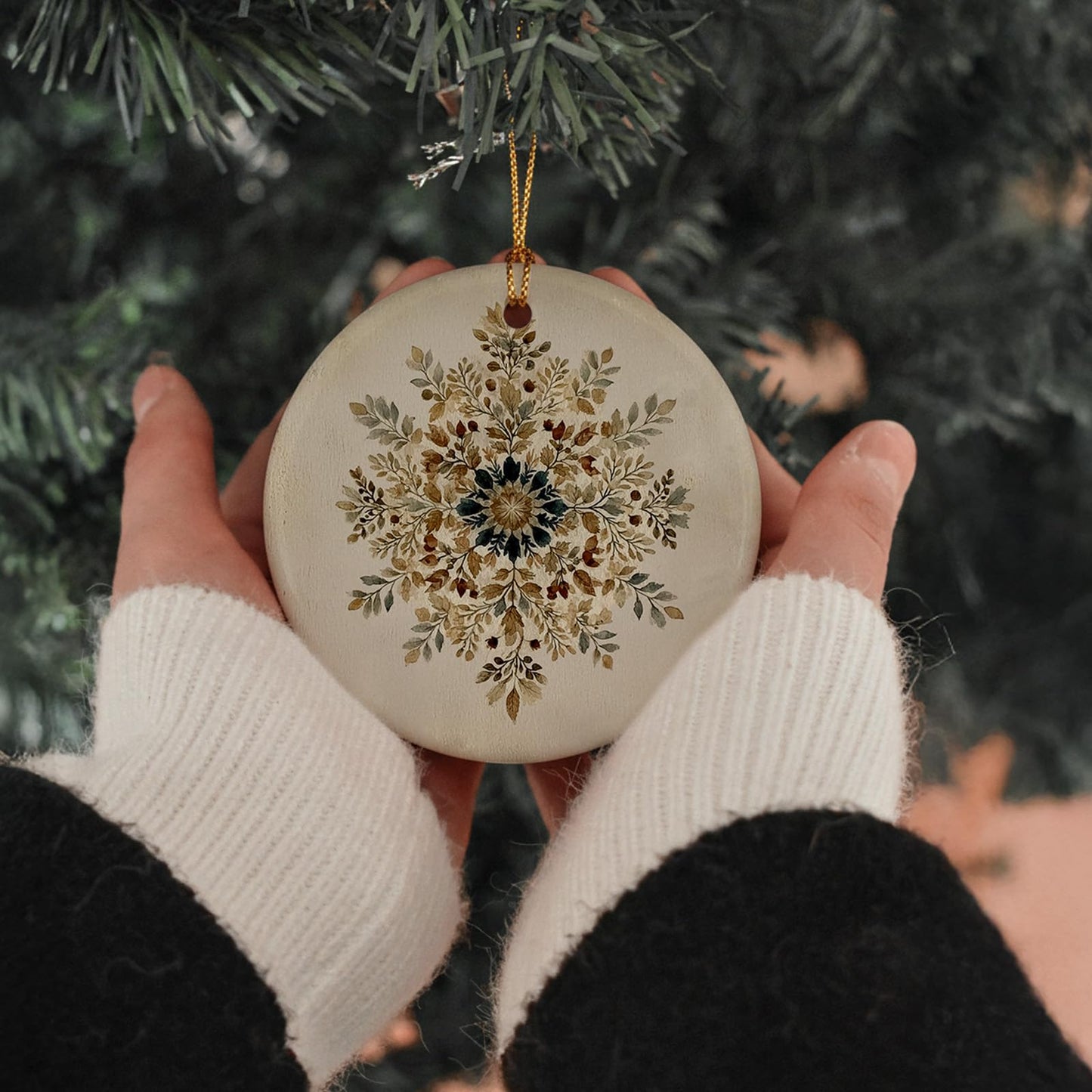 Ebroniah Winter Snowflake Snow Floral Christmas Ceramic Ornaments, Rustic Farmhouse Leaf Hanging Round Holiday Ornament Decor, Botanical Boho Beige Gifts Keepsake for Women Car Window Decorations 3in