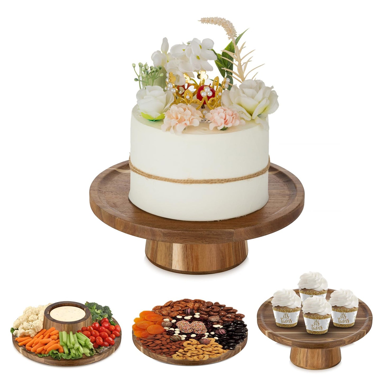 NUPTIO Wooden Rustic Cake Stand: 9.5" Round Cake Pedestal Holder 4 in 1 Vintage Cupcake Stand Serving Tray Dessert Display Plate for Wedding Halloween Christmas Easter Birthday Party - 8 Inch Cake