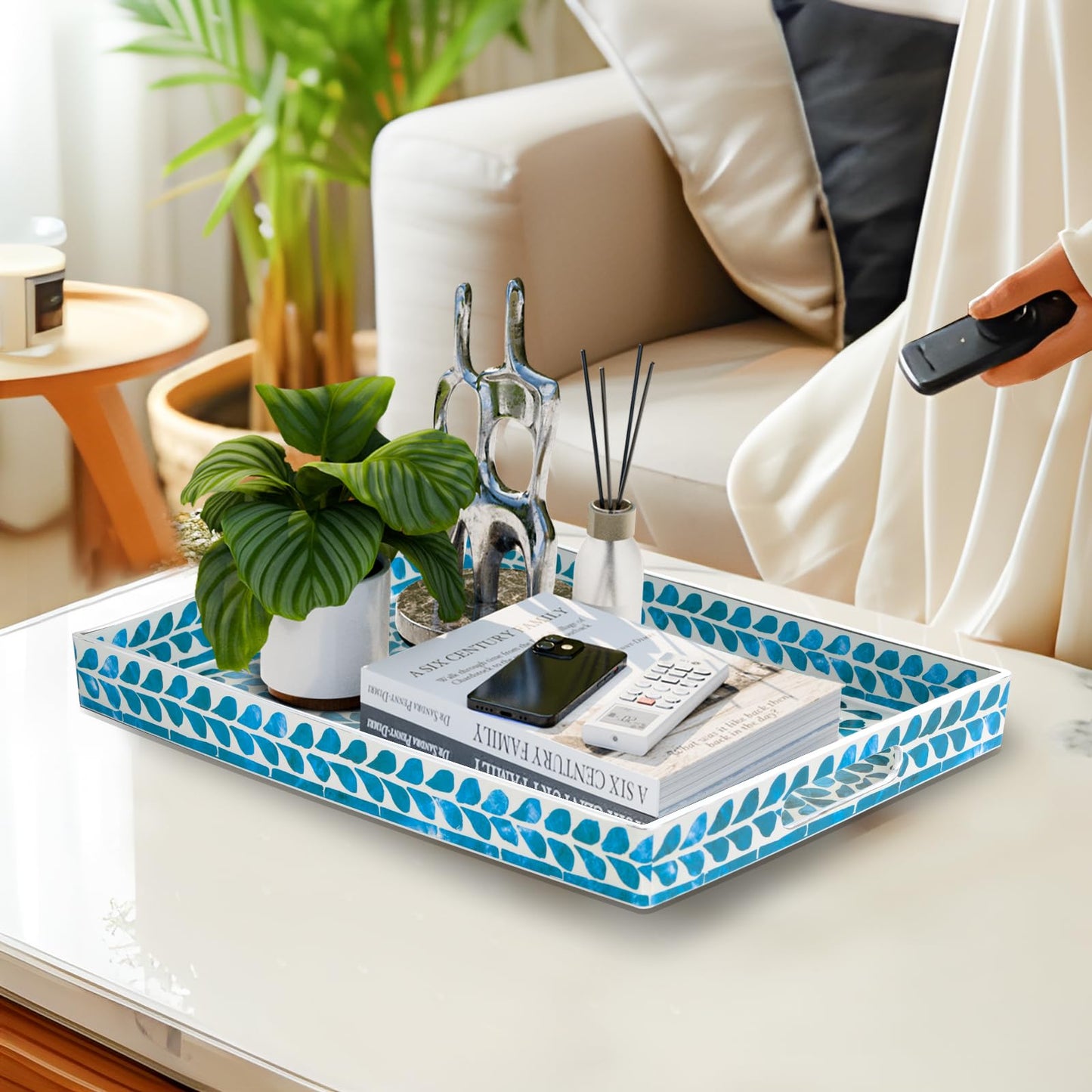 MAONAME Blue Decorative Tray, Plastic Serving Tray with Handles, Leaf Pattern Sticker Trays, Rectangular Trays for Living Room, 15.7" X 10.2" X 1.57"