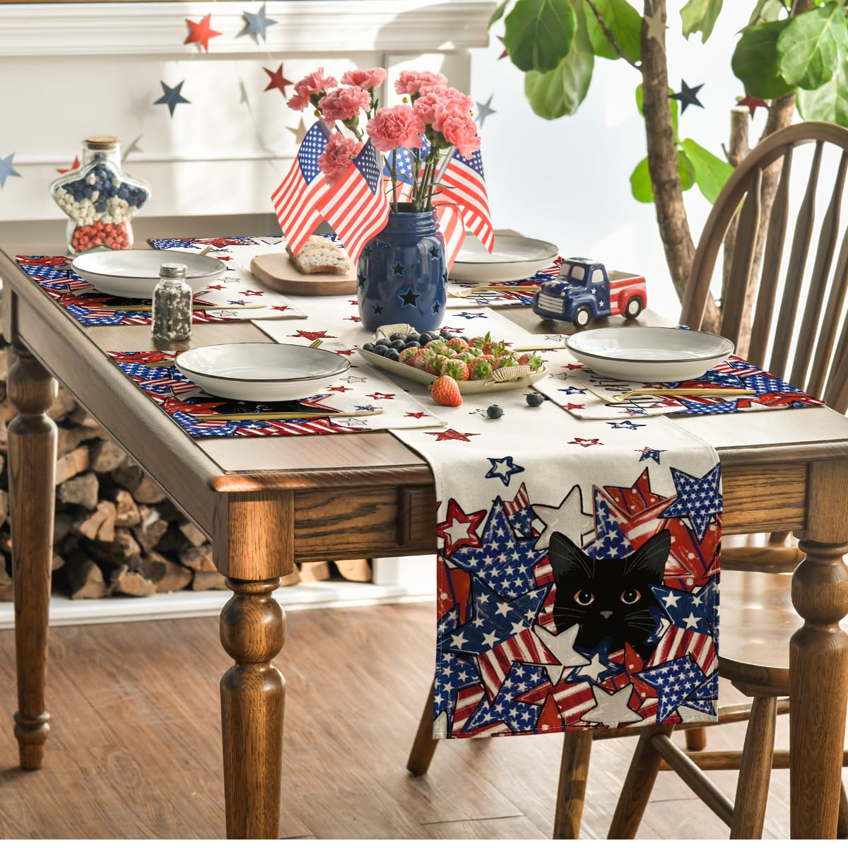 Artoid Mode Stars Black Cat Patriotic 4th of July Placemats Set of 4, 12x18 Inch Memorial Day Holiday Table Mats for Party Kitchen Dining Decoration