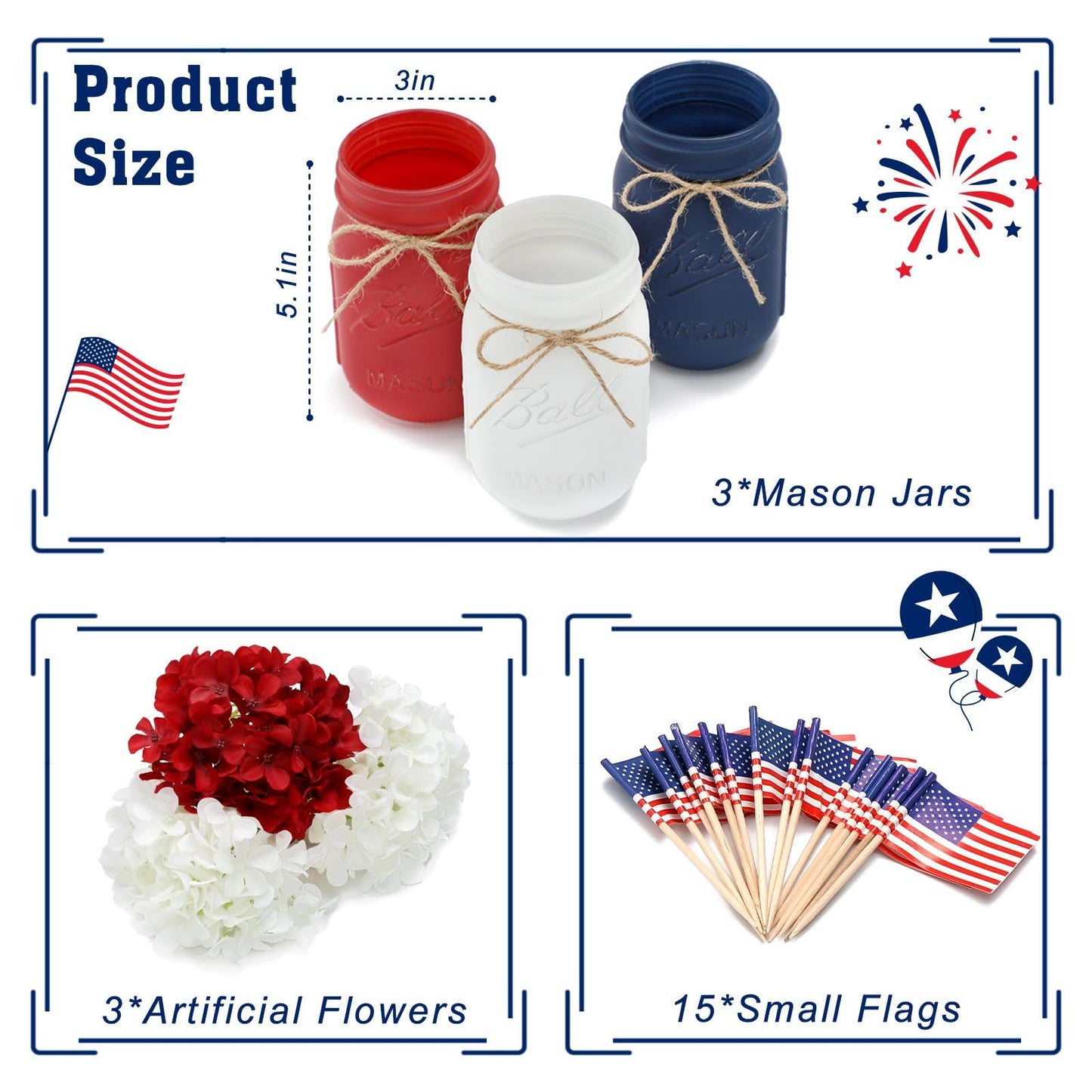Patriotic Table Decorations, Memorial Day Decor, 250 Anniversary USA Patriotic Mason Jars with Mini American Flags, 4th of July Decorations, Red White and Blue Decor, Patriotic Themed Party Decoration