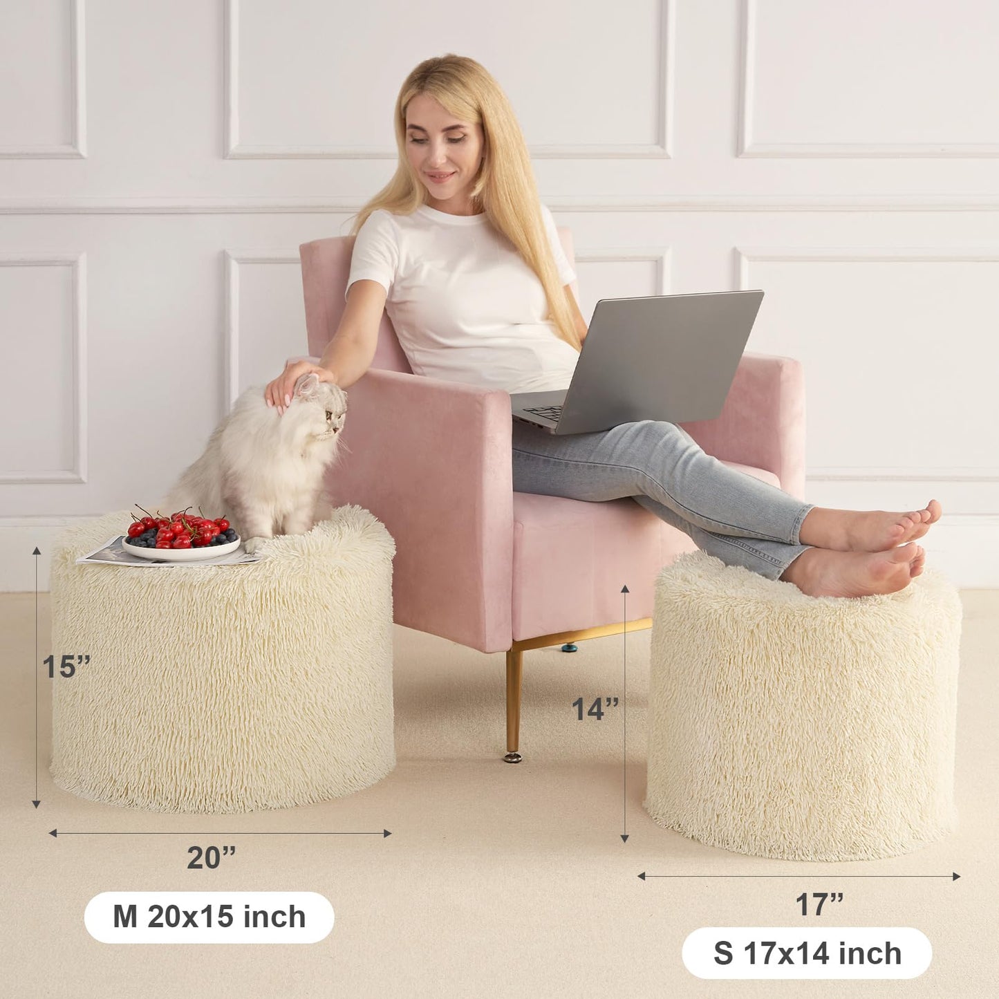 Hansleep Round Stuffed Pouf Ottoman 17 x 14, Foam Filled Faux Fur Ottoman Foot Rest for Chair with Washable Cover, Foot Stools Under Desk for Living Room & Bedroom, Beige