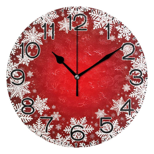 ALAZA Christmas White Snowflakes on Red Wall Clock Battery Operated Non Ticking Silent Quartz Analog Rustic Farmhouse Round Clock Retro Decor for Home Kitchen Living Room Bathroom