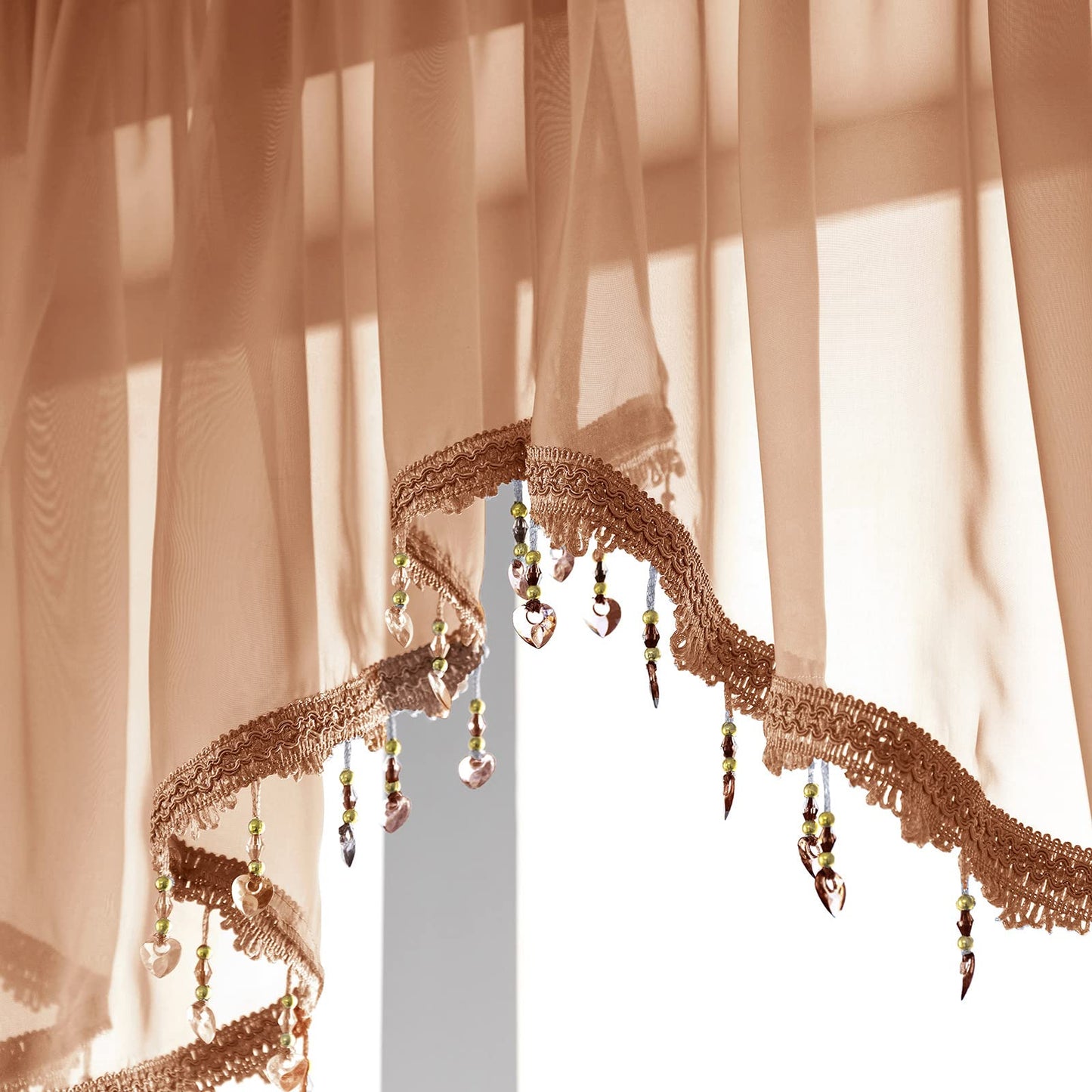 Beaded Sheer Valance Curtains for Living Room,Rod Pocket Farmhouse Window Valance, Bead Trim Tassel Voile Sheer Curtain Valance for Bedroom Bathroom Cafe 51x24 Inches (Brown) 1PC