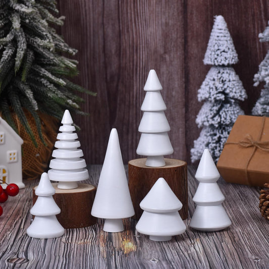 Wooden Christmas Tree Figurines, 6pcs Mini Wood Xmas Trees in Assorted Sizes, Rustic Winter Holiday Table Decorations for Home, Farmhouse Christmas Centerpiece for Tabletop (White)