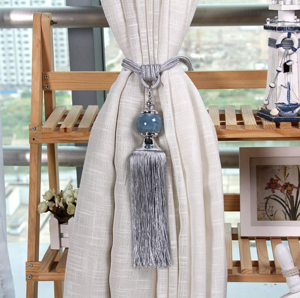 NARAMAX 1Pair Curtain Tassel Tiebacks Charm Crystal Stone Beads Fringe Rope Holdbacks Window Drapery Ball Tassels Rope Holdbacks Curtain Ties for Window Door Home Decorations(Black)