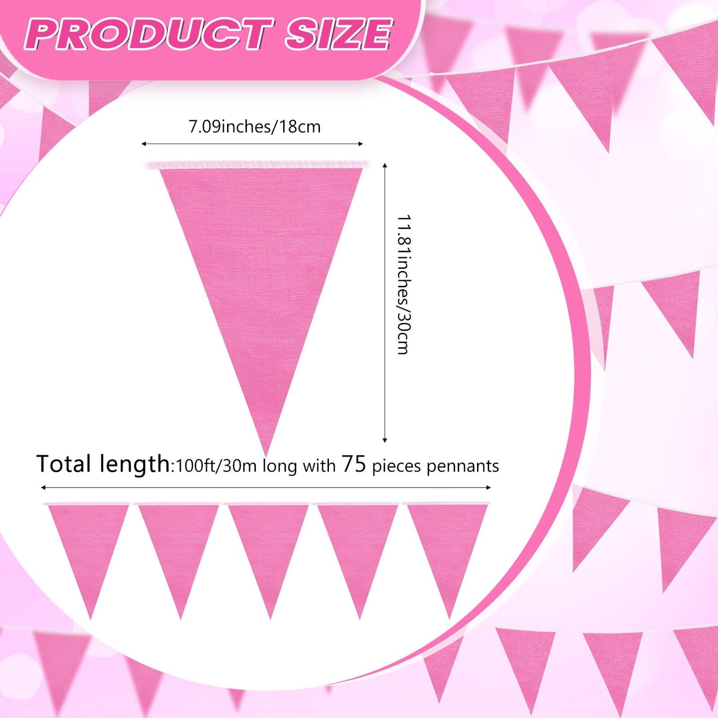 Hahafelt 100 Feet Pennant Banners Flags 75 Solid String Triangle Flags for Grand Opening, Carnival Theme Birthday Party Decoration Outdoor Events Classroom Decoration(Pink)