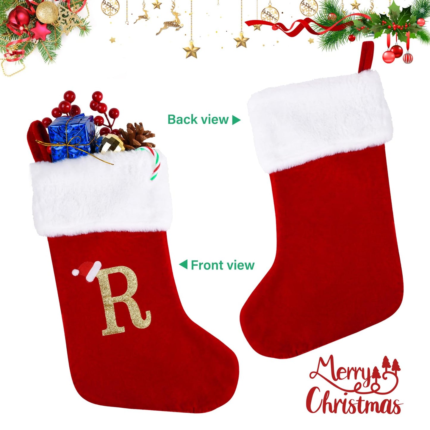 Sailup 20 Inches Monogram Christmas Stockings with Letters, Large Super Soft Christmas Stockings Red Velvet with White Super Soft Plush Cuff for Christmas Xmas Tree Holiday Fireplace (R)