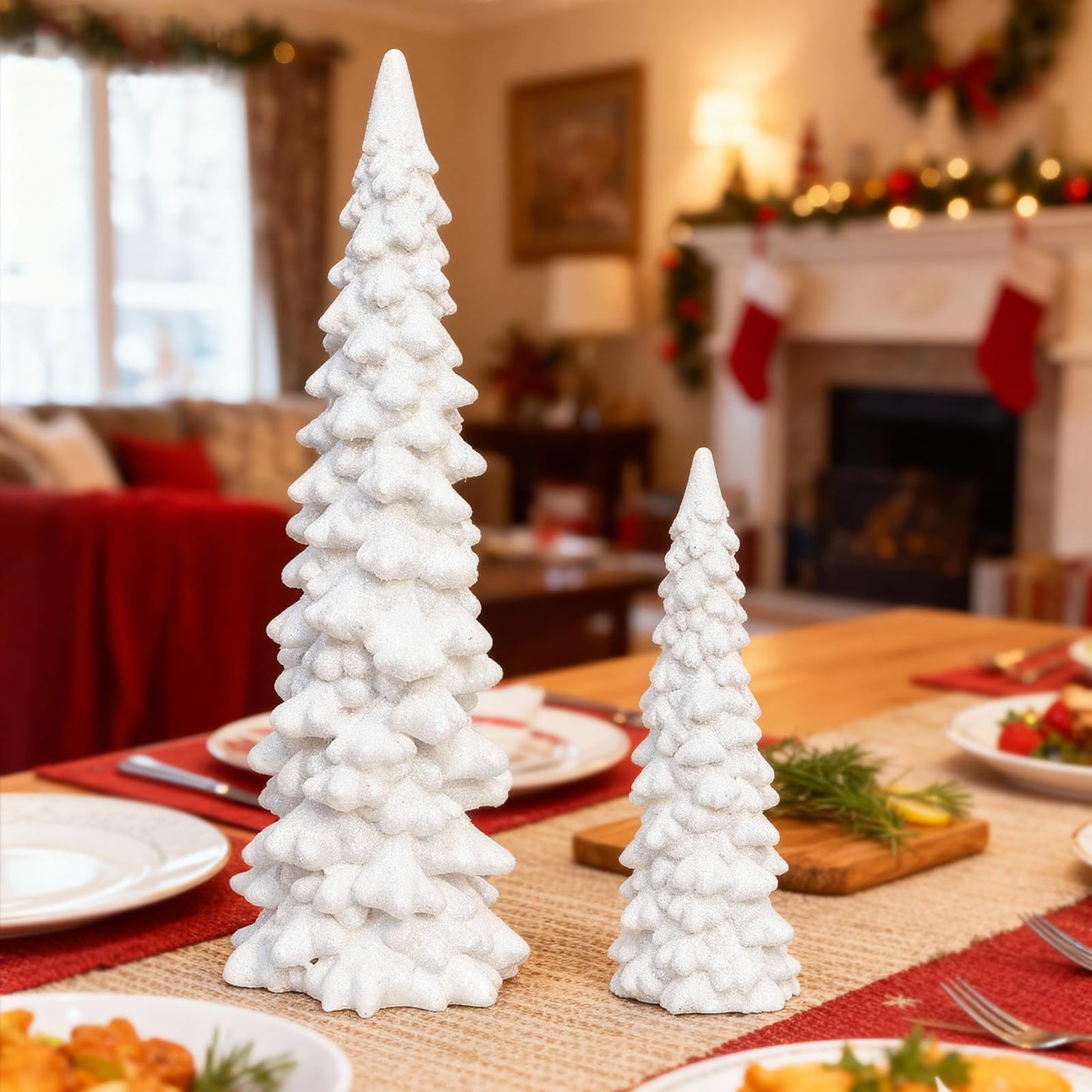 Set of 2 White Glitter Resin Trees,Small Pine Tree Figurines Decorative Christmas Trees Tabletop Centerpieces Decor for Christmas,Xmas,Holiday,9.6'' / 6.1''