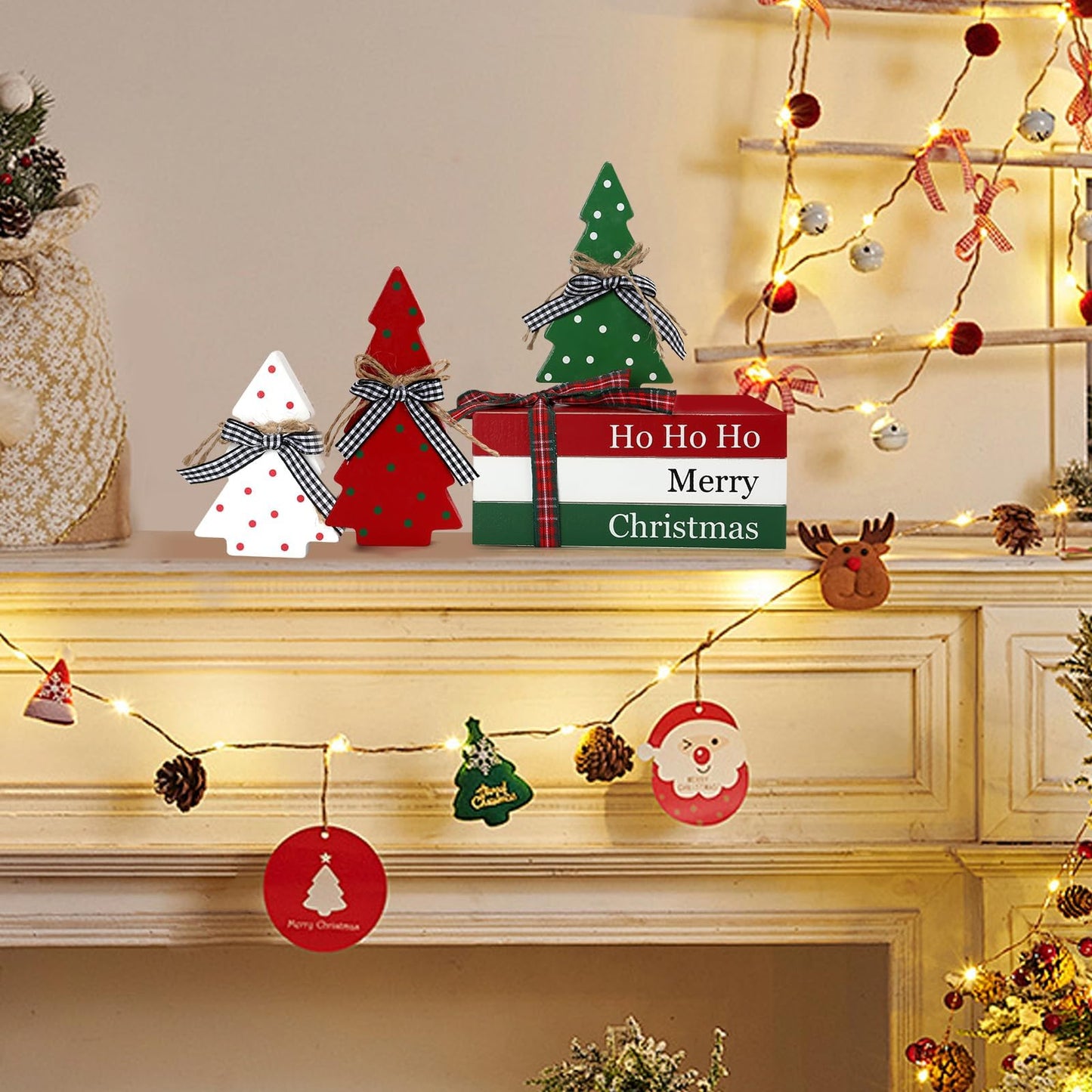 Christmas Decoration 6PCS Table Centerpieces, Tabletop Christmas Decor for Tiered Tray Shelf Mantel Fireplace Coffee Bar Office Desk Farmhouse Xmas Holiday Decoration Wood Faux Book and Tree Sign