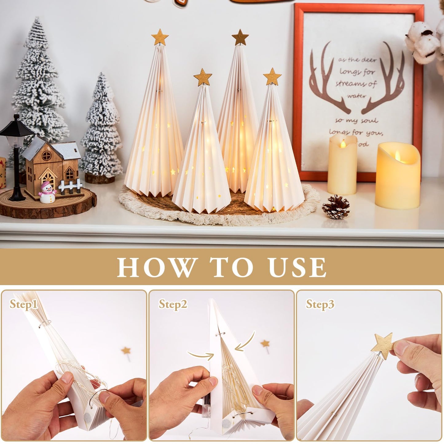 OBBOLO 4 Pcs White Paper Christmas Trees, Holiday Centerpiece Decorations with Star Designs, Foldable Tabletop Décor for Xmas Party & Winter Home Styling