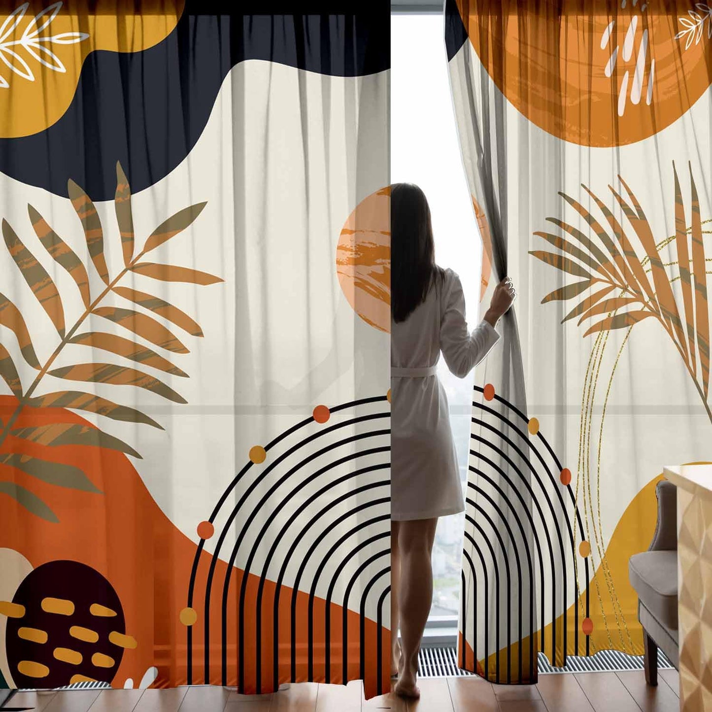 GOLDLAWN Boho Mid Century Abstract Leaves Curtains 52X84Inch Rainbow Living Room Curtain 2Pc Burnt Orange Curtains for Bedroom Modern Geometric Drapes Yellow Plant Colorful Curtain