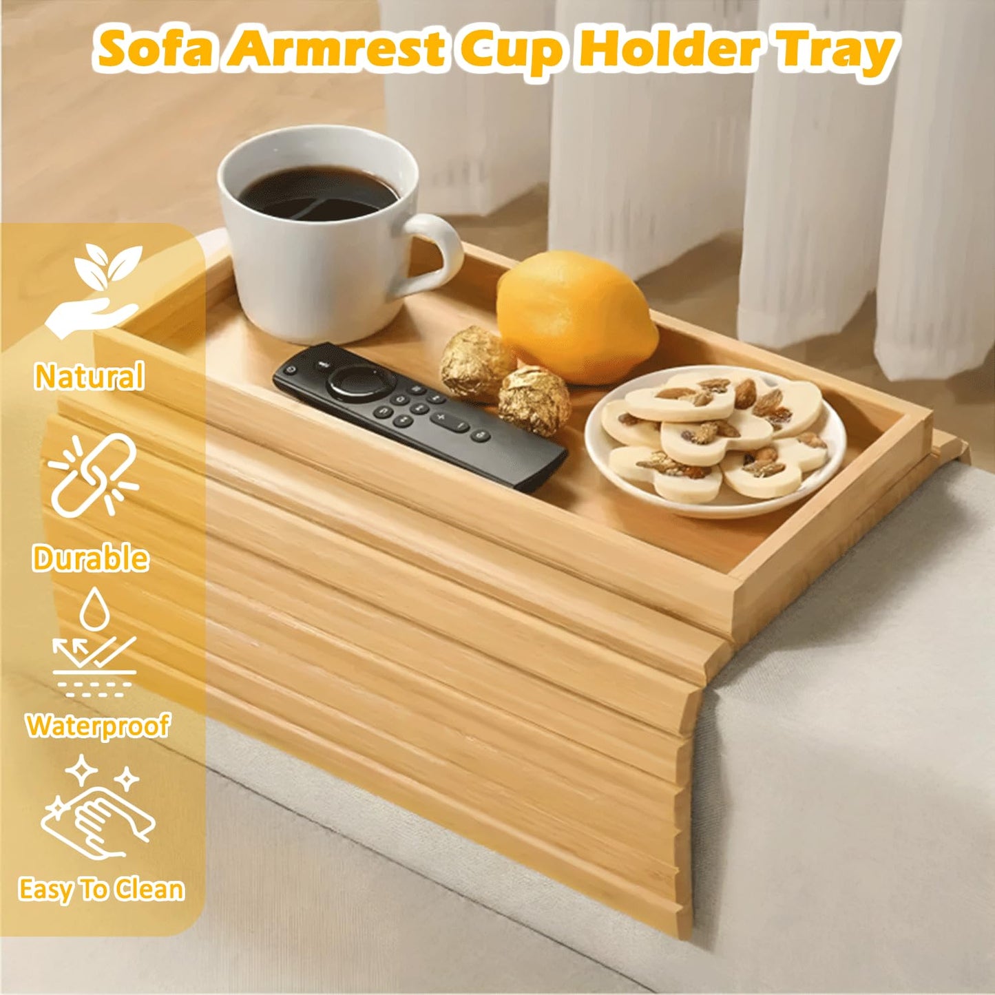 Foldable Bamboo Couch Arm Tray with Detachable Couch Cup Holder– Sofa Armrest Table for Remote, Snacks, Phone – Portable Armrest Caddy Tray for Sofa, Recliner, or Armchair