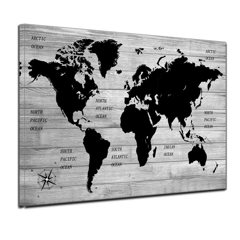 TAOMI World Map Wood Grain Grey Wall Art Black and White Artwork for Office Home Bedroom Decoration Map of the World Canvas Classroom Living Room Wall Décor Frame 12x16inch
