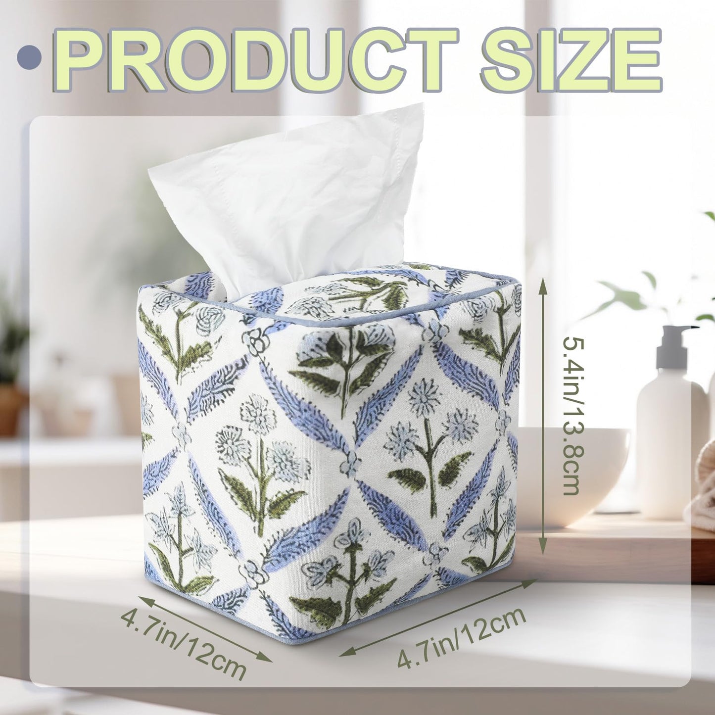 Mimorou Blue Fabric Tissue Box Cover - Floral Print Tissue Box & Decorative Square Napkin Holder Handmade Cotton for Home Bedroom Vanity Countertop Night Stands Office