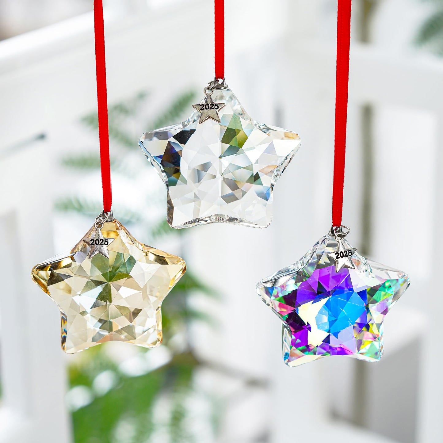 H&D HYALINE & DORA Glass Hanging Ornaments Crystal Star Set of 3 Star Christmas Tree Ornaments Crystal Sun Catcher Hanging for Christmas Party Decor