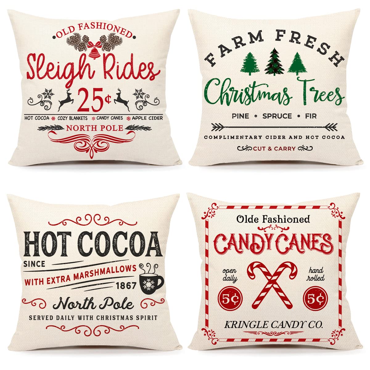 Farmhouse Christmas Pillow Covers 18x18 Set of 4 Winter Holiday Decorations Xmas Rustic Throw Cushion Case for Sofa Couch Home Decor (Sleigh Rides, Farm Fresh Tree, Cocoa, Candy Canes)