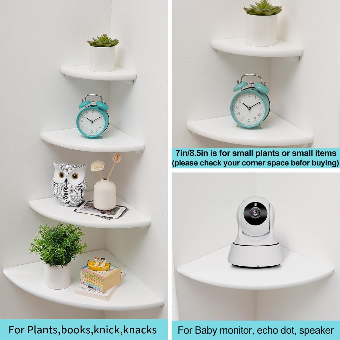 Conamily Corner Shelf, White Solid Oak Wood Floating Corner Shelves Wall Mount Round End Floating Speaker Rack Display Shelf for Small Plant Photo Frame (White, 7in)