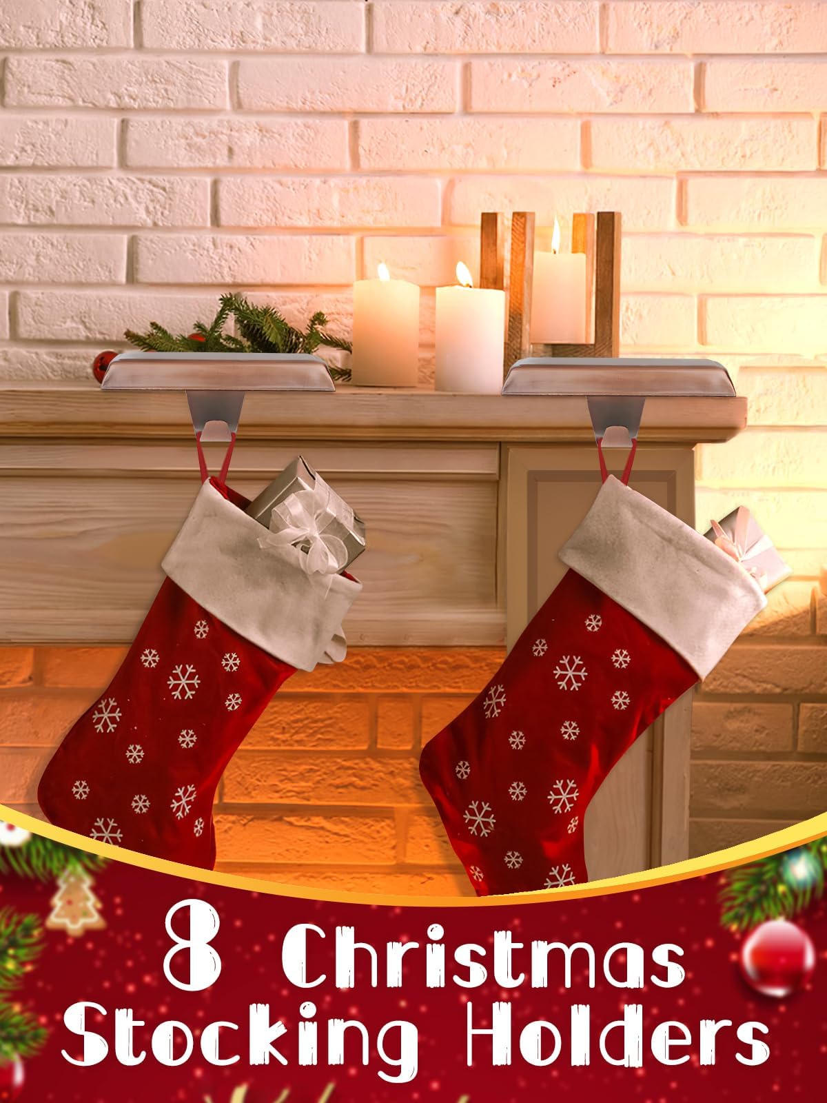 Kalolary 8 Pack Christmas Stocking Holders,Mantel Stocking Hangers Heavy Duty Xmas Stocking Hooks for Mantle Counter Tables Window Fireplace Christmas Party Decoration (Red Bronze)