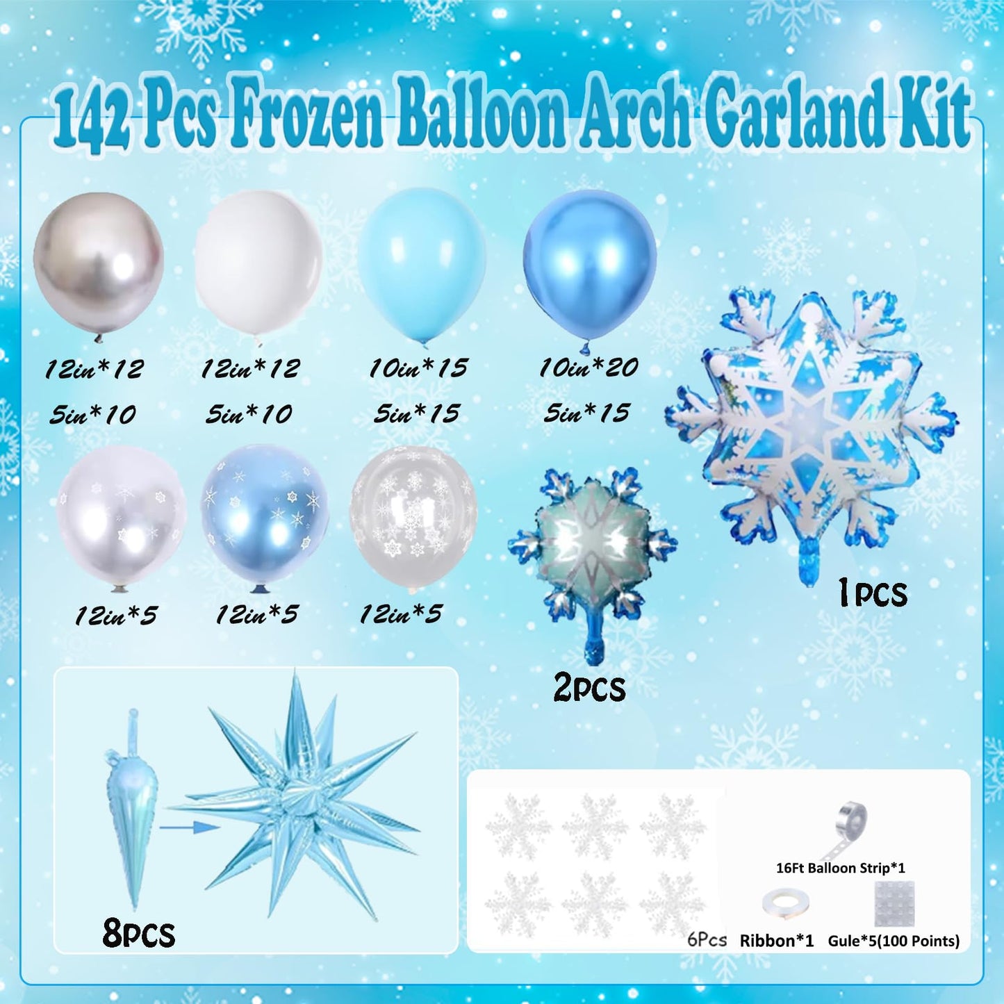 Frozen Balloon Arch Garland Kit，142 Pcs Snowflake Balloon Arch with Silver Blue Snowflake Balloons for Winter Wonderland Theme Baby Shower Snow Princess Birthday Party Decorations