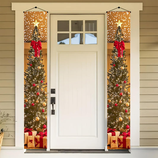 BlissYard Christmas Tree Long Vertical Banner Outdoor Front Porch Hanging Decor 12x71 Inch Xmas Tree Sparkling Ornaments Lights Star Festive Indoor Outdoor Xmas Decor Wall Front Door Yard Garage