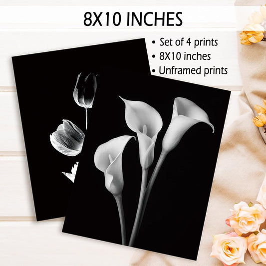 TOCDGOO Set of 4 Black and White Flower Plant Wall Art Prints - Vintage Style Wall Decor for Living Room, Bedroom, Bathroom, and Office - Rustic Canvas Posters (8"x10" Unframed) - Farmhouse Decor