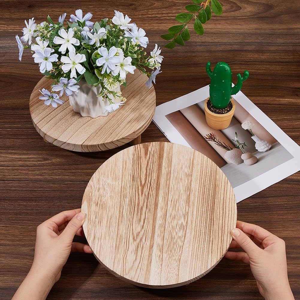 SUPERFINDINGS 2 Sets Wood Plant Stand 25cm Round Wooden Plant Stool Tan Wooden Riser Display Pedestal Low Flower Pot Holder for Indoor Outdoor Desktop Counter Room