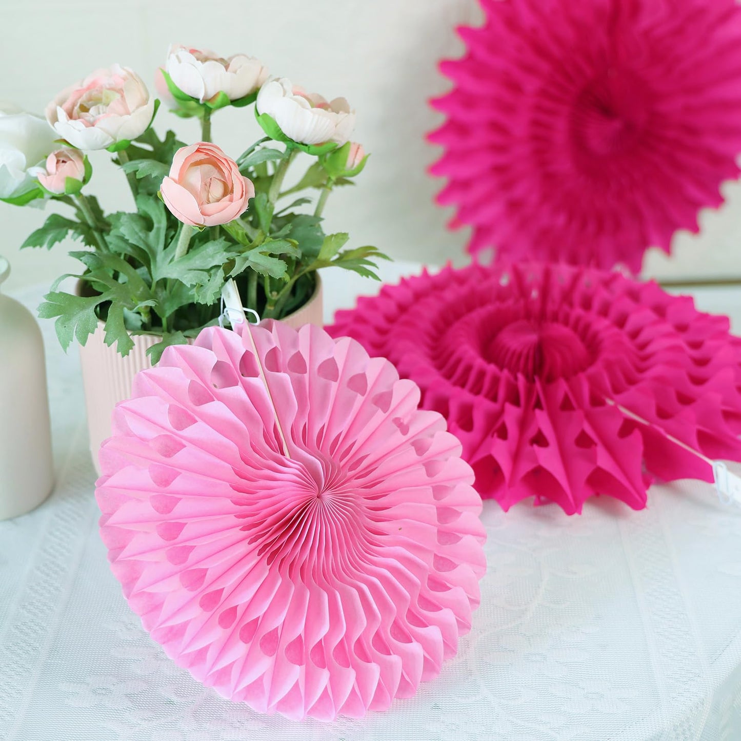 SUNBEAUTY Hanging Honeycomb Paper Fans, 12Pcs Hot Pink Hanging Tissue Paper Flowers Party Decorations for Wall, Pink Birthday Paper Decor for Baby Shower, Graduations, Bachelorette, Wedding, Room