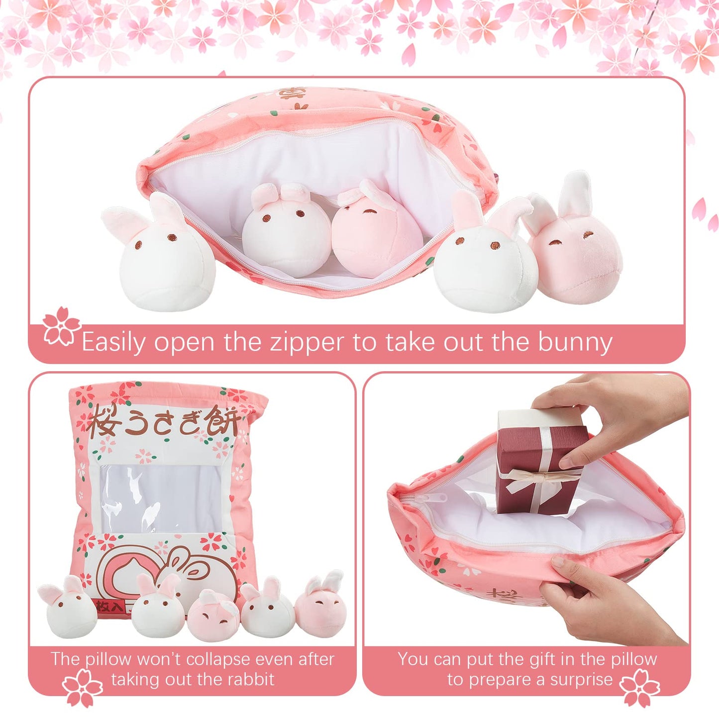 Civaner Kawaii Bunny Plush Pillow Cute Room Decor Cherry Blossom Throw Pillow Pink Removable Stuffed Animal Fluffy for Easter Home Birthday Spring Sakura Gifts Bag