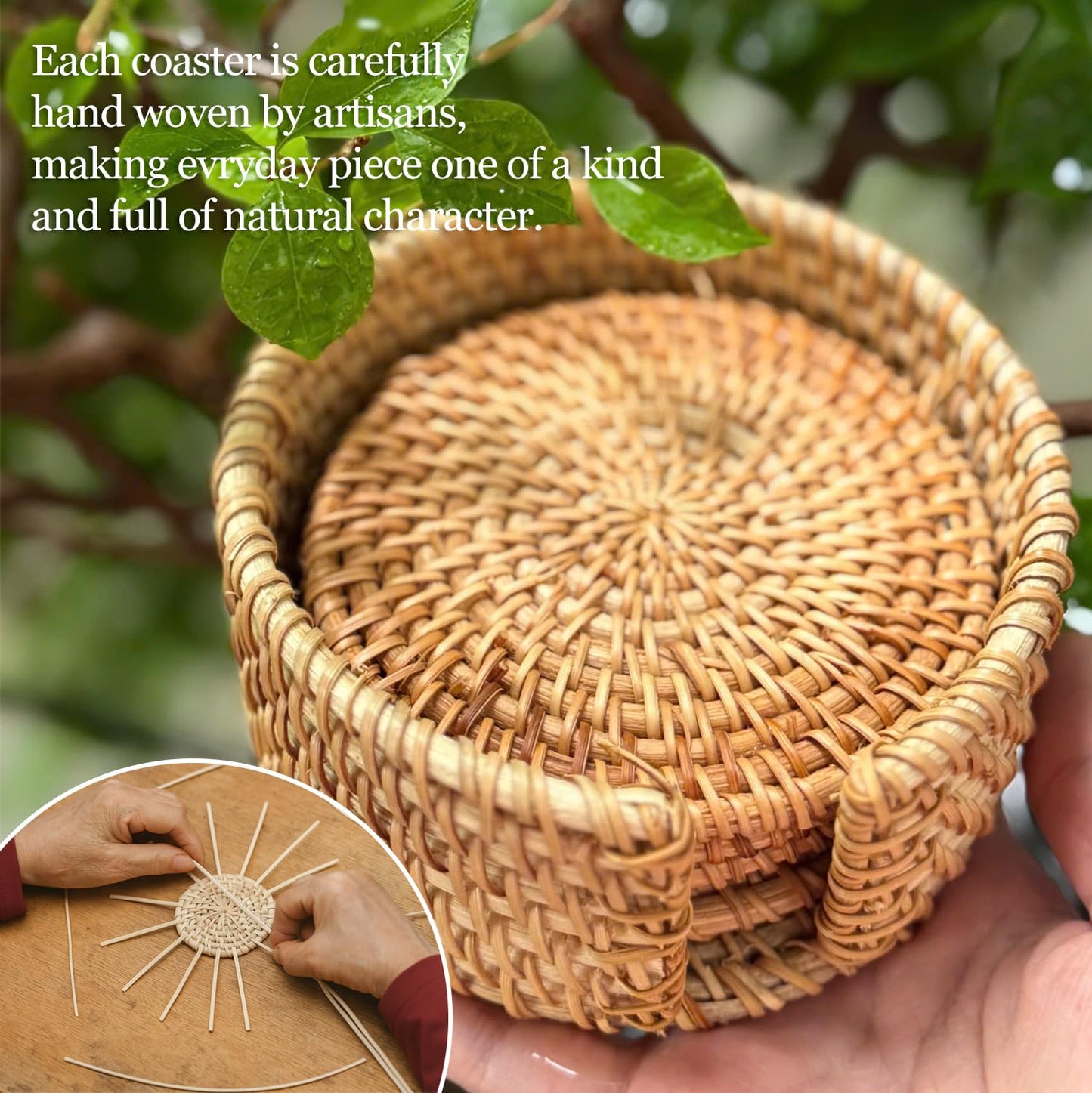 Set of 6PCS Handmade Rattan Coasters with Holder, Natural Wicker Boho Coasters, Heat-Resistant for Hot & Cold Drinks (Natural Rattan)