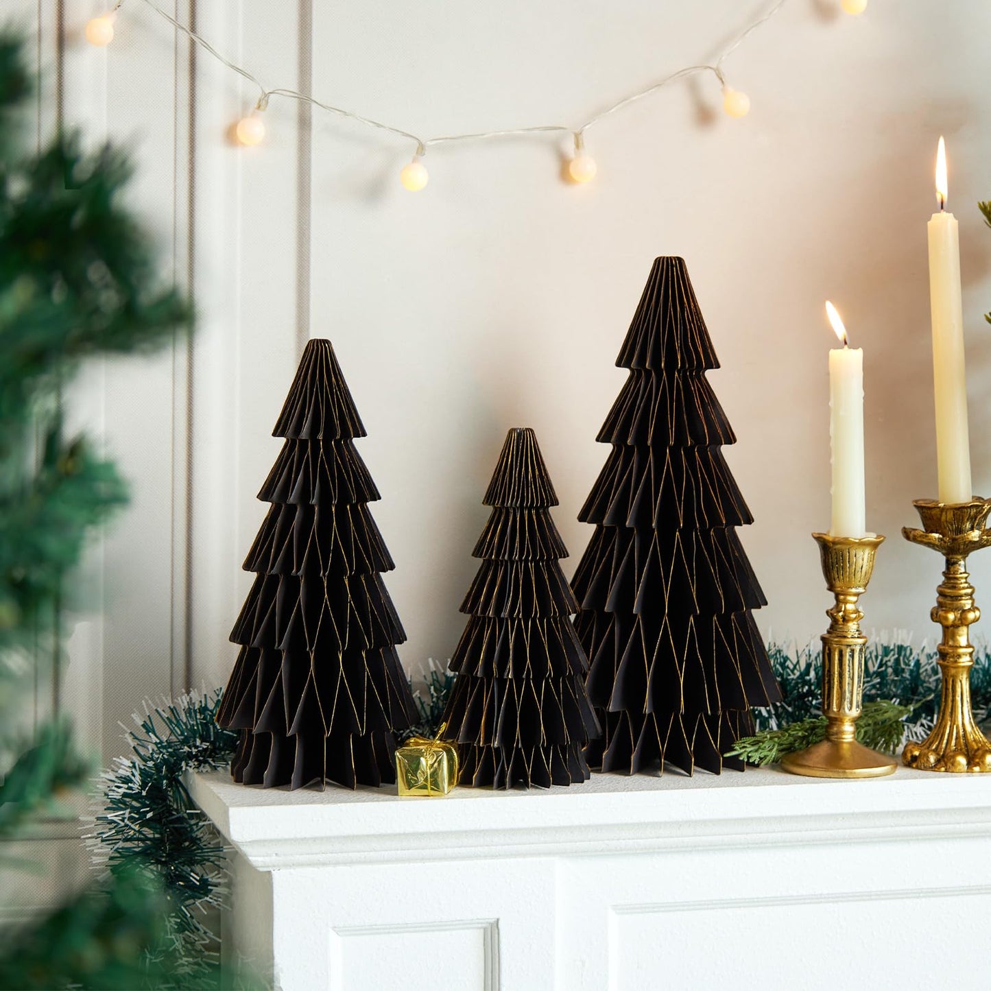 SUNBEAUTY 3PCS Black and Gold Honeycomb Paper Christmas Tree, 3D Christmas Tree Table Centerpiece with Magnetic Attachment,Christmas Winter Newyear Party Holiday Home Decor