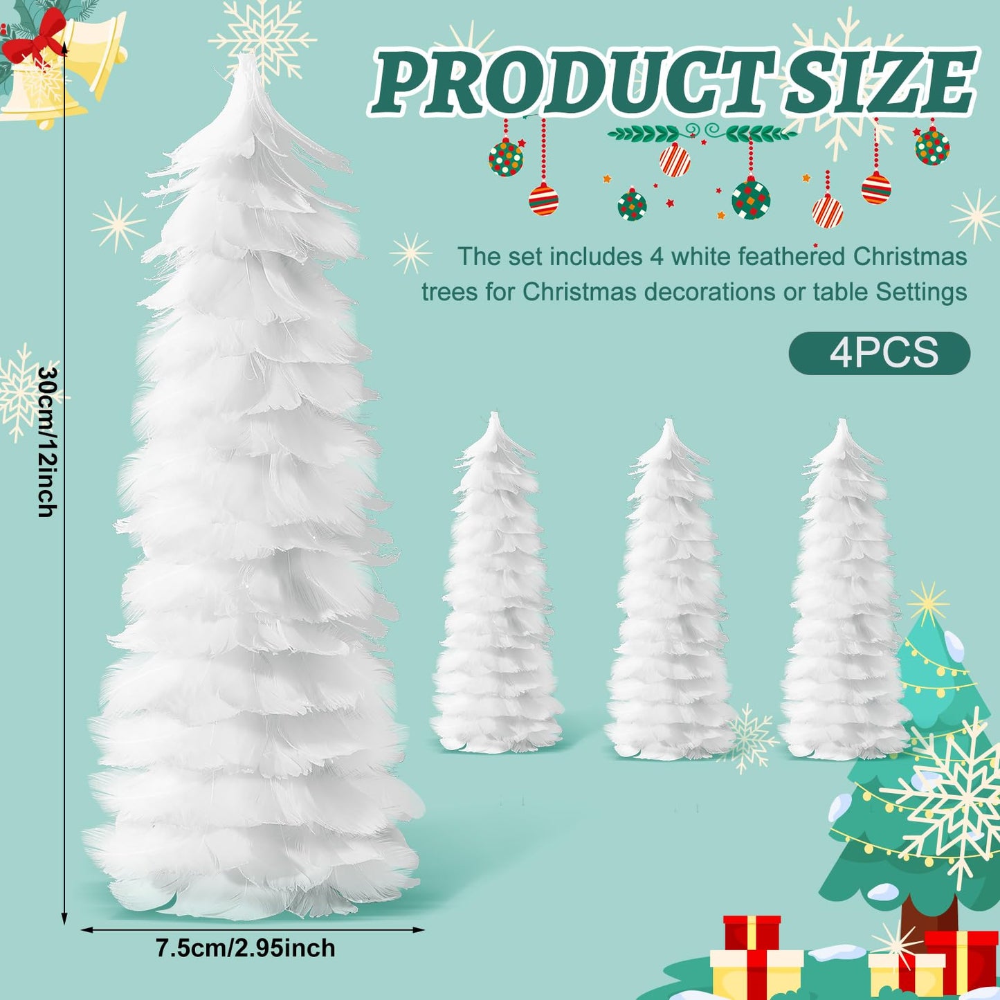 Liliful 4 Pcs Christmas White Feather Tree with Glitter Tips 12'' Table Top Feather Christmas Tree Xmas Trees Tabletop Decorations Centerpieces for Winter Wedding Party Shelf Home Decor